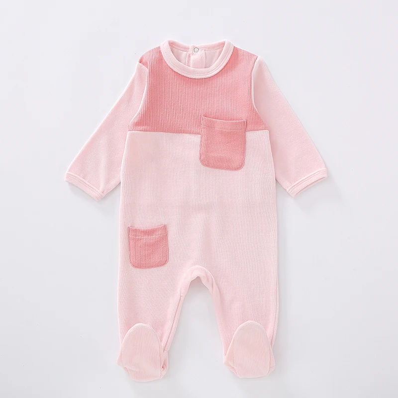 Baby-Strampler-Pyjama mit Rundhalsausschnitt und langen Ärmeln, Kinderkleidung mit Tasche, Patchwork-Design, Baby-Overall, gerippte Babykleidung, Strampler – Detail 1