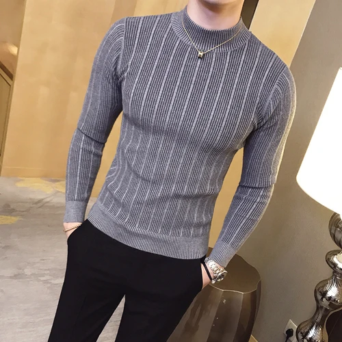 Осенне-зимний полосатый свитер с высоким воротником, модный бутик, Одноцветный мужской повседневный вязаный пуловер, облегающий модный мужской свитер - Цвет: gray