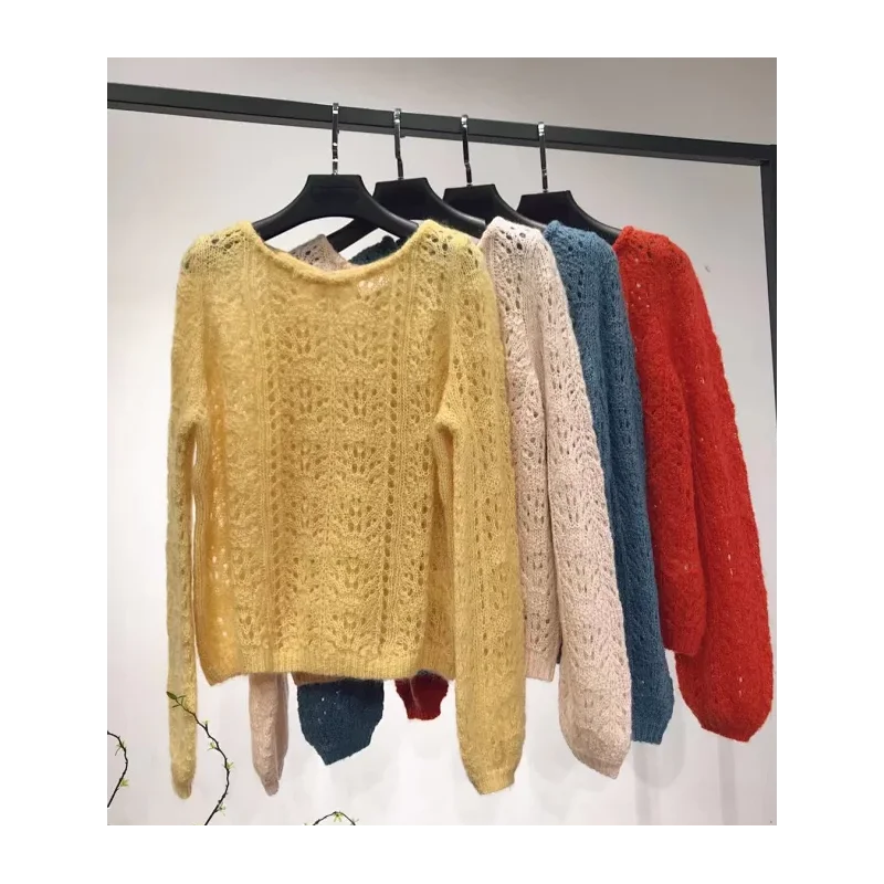 Осень сплошной цвет круглый вырез Полый Свободный мохеровый свитер женский