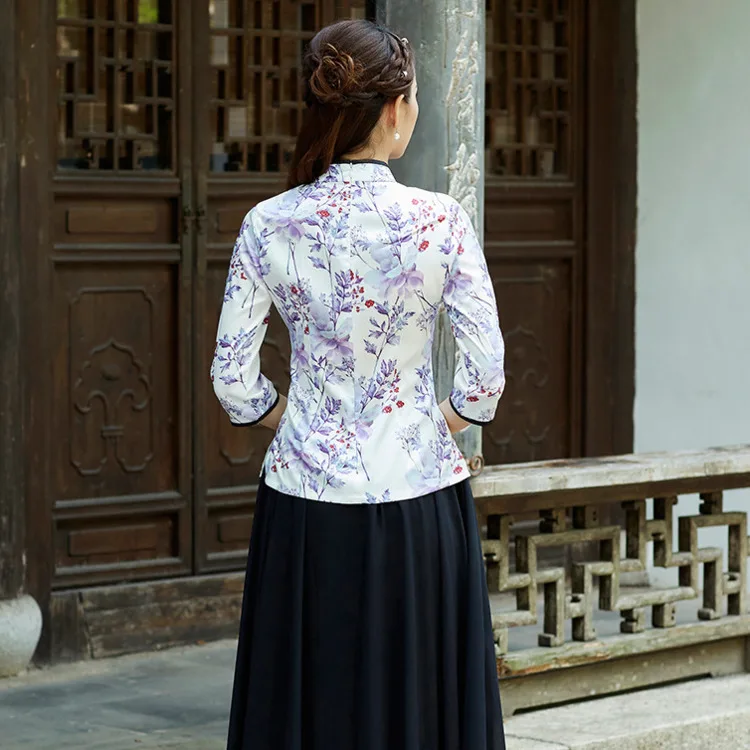 SHENG COCO Ladies White Blouse Cheongsam Shirts Plain Color Chinese Shirt Vintage Blouse Tops Classical Beautiful Blouse