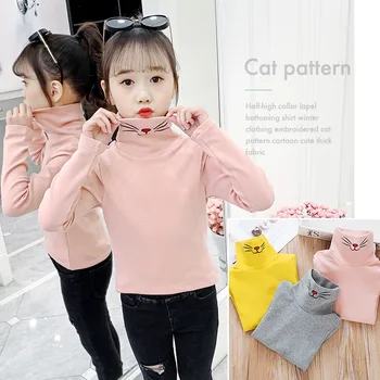 

Character Cat Printed T Shirts For Big Girls Turtleneck Long Sleeve Tees Tops Kids Cotton Spring Pullovers Teenager Girl T Shirt
