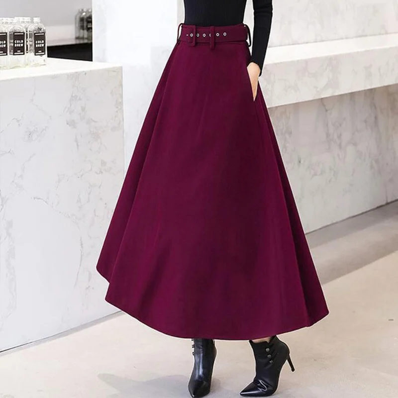 burgundy Autumn Winter Women's Woolen Maxi Skirts With Belt Pockets Vintage Wool Skirt Ladies Fashion Casual Khaki Streetwear Female - Color: burgundy