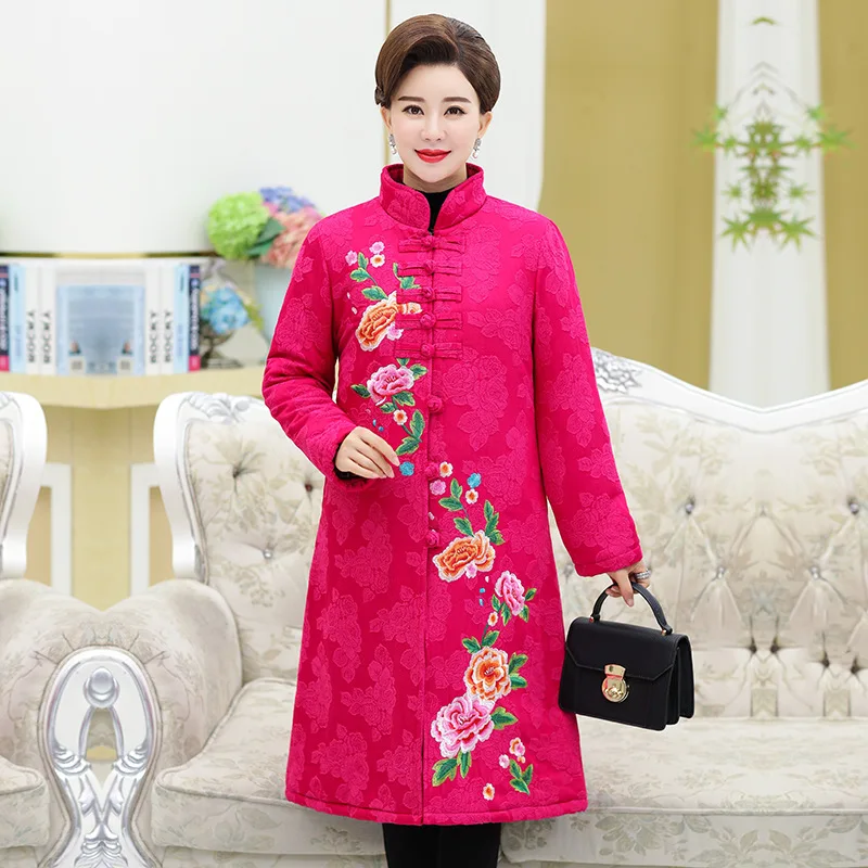 

2019 Autumn And Winter Ethnic-Style Middle-aged Middle-aged Women Dress Thick Cotton Overcoat Embroidery Flower Mid-length Cotto