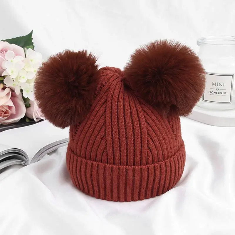 Детская шапка с рисунком медведя, новая брендовая зимняя вязаная шерстяная шапка для новорожденных девочек, шапки с плюшевыми помпонами, детская шапка с рисунком, мягкая теплая шапка s - Цвет: Wine Red -AX1263