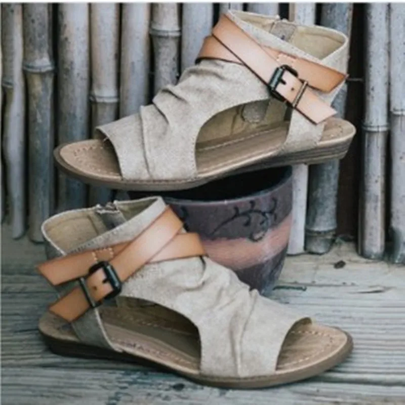 

Women Sandals Gladiator Peep Toe Buckle Zipper Design Roman Sandals Women Flat Summer Beach Ladies Shoes Sandalias Mujer