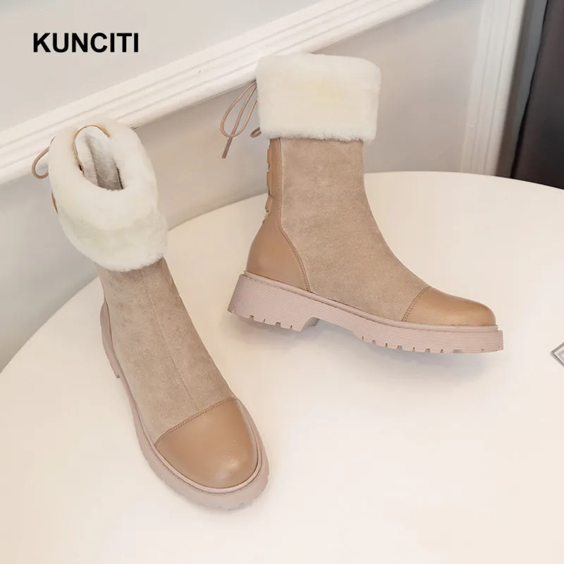KUNCITI/женские зимние ботинки в стиле пэчворк; женская зимняя теплая обувь; модные дизайнерские короткие ботиночки; цвет черный, хаки; новая обувь на шнуровке; D9289