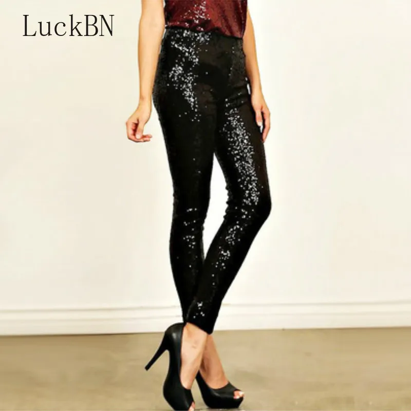 

LuckBN Black Shiny Sequin Pants Women Elastic Waist Trousers Women Sexy Party High Waist Long Pencil Pants Gold Silver 2019 New