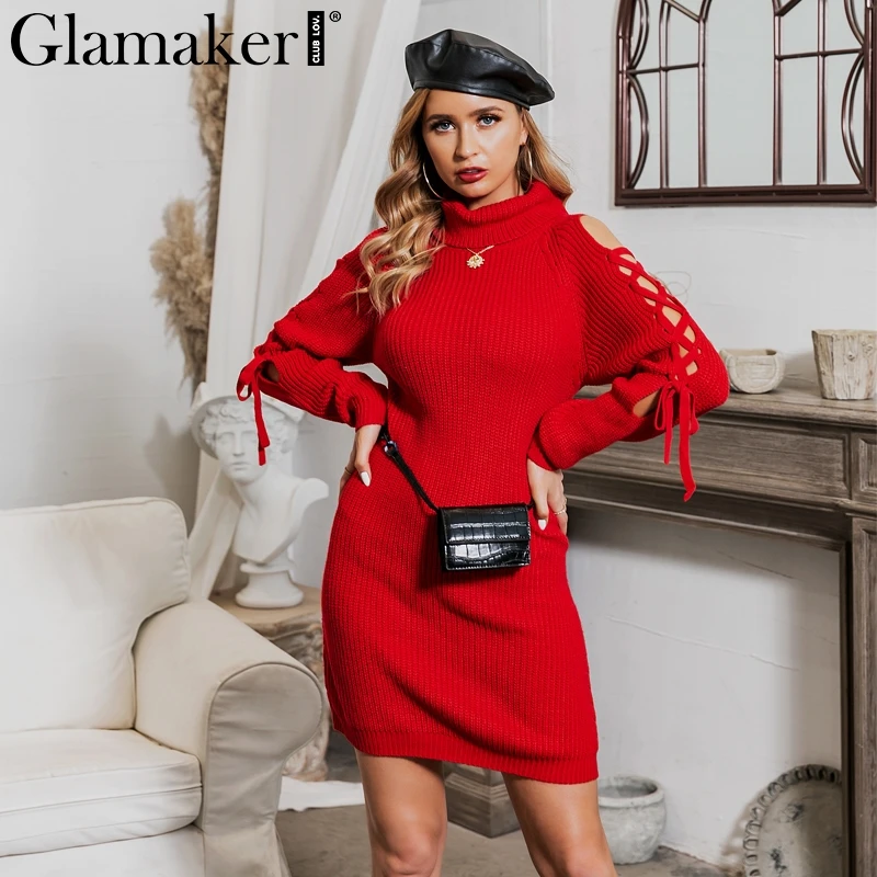 Glamaker, вязаное, на шнуровке, сексуальное платье-свитер, женское, Осеннее, элегантное, Мини Короткое платье, зимнее, с высоким воротом, с длинным рукавом, красное платье для девушек