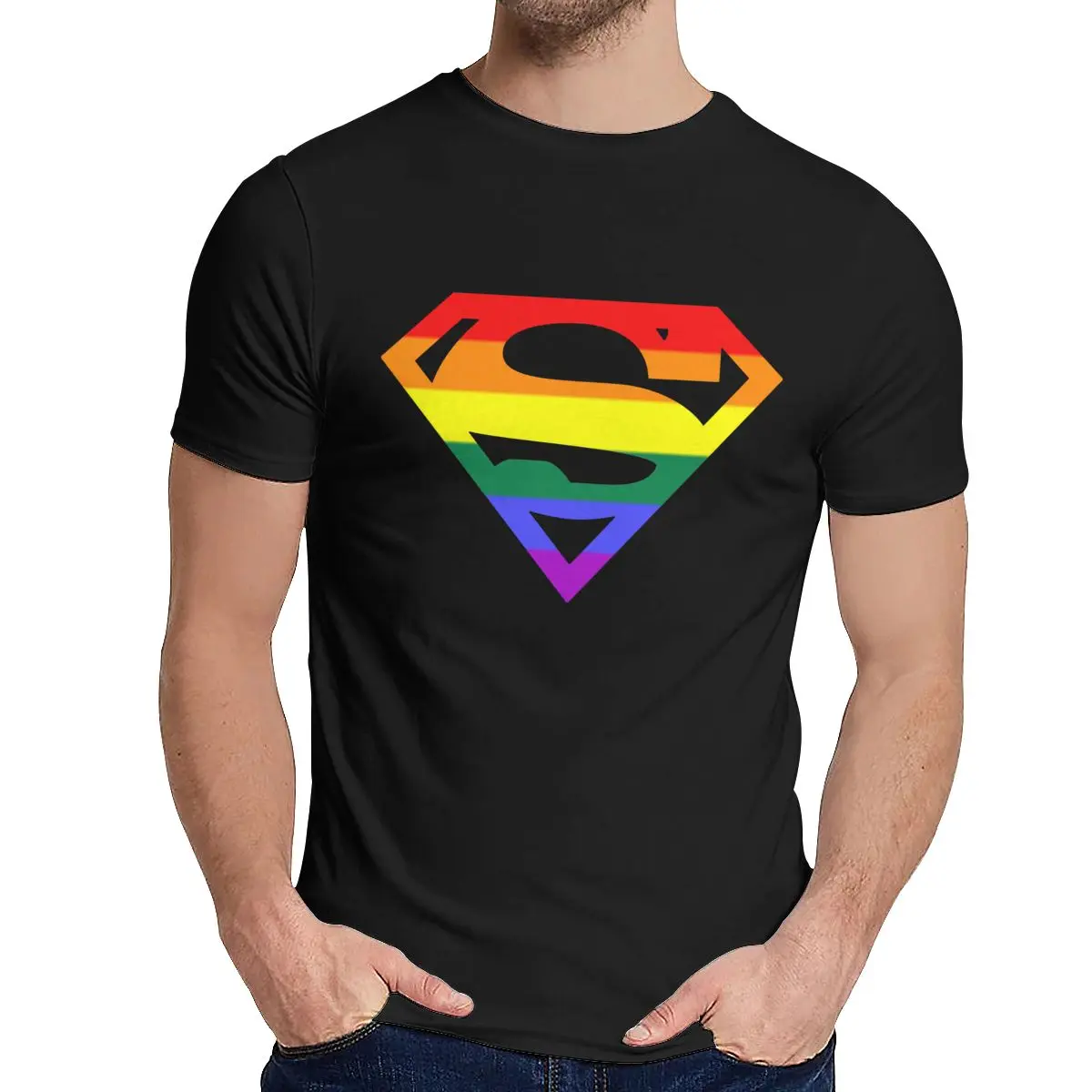 Мужская футболка супер квир Радуга, гей, LGBTQ LGBT хороший хлопок уникальный дизайн Crewneck ретро короткий рукав - Цвет: Черный