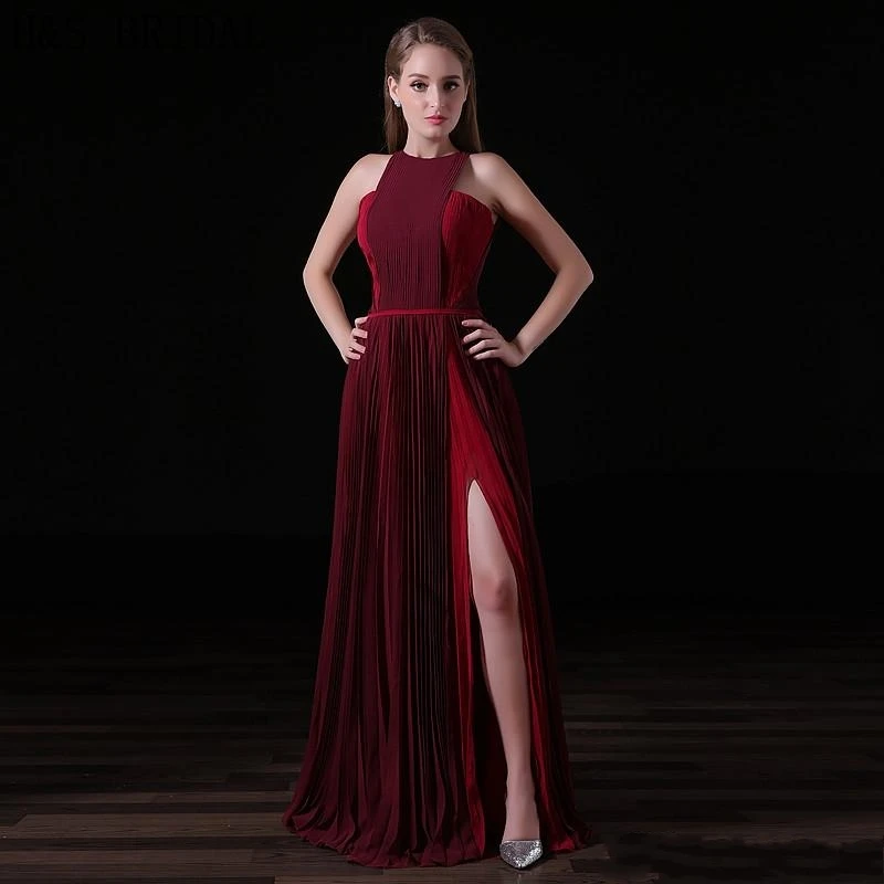 

Женское длинное вечернее платье, бордовое шифоновое платье с лямкой на шее и разрезом, сексуальное платье для выпускного вечера, 2024