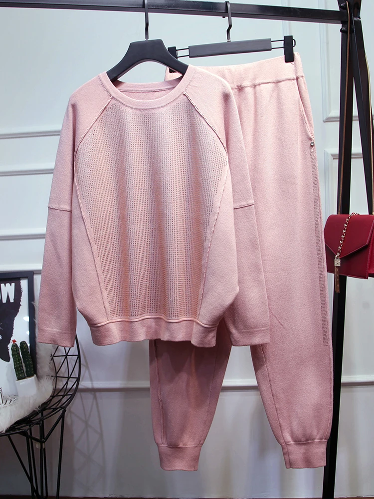 2019 New Winter O-neck Full Beading Knit Suits Female Fashion Hot Drilling Loose Long-sleeved Sweater And Pants Two-piece Women | Женская