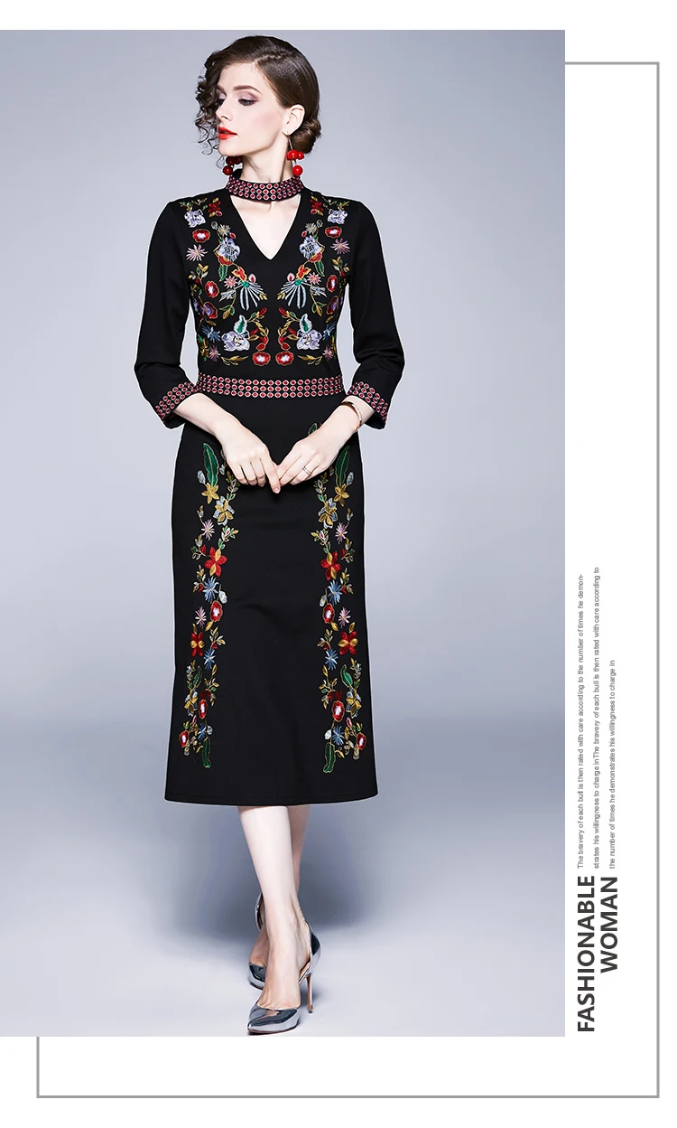 Blulocae женское элегантное офисное платье на осень и зиму, винтажное платье средней длины с цветочной вышивкой, женские облегающие вечерние платья с рукавом на запястье