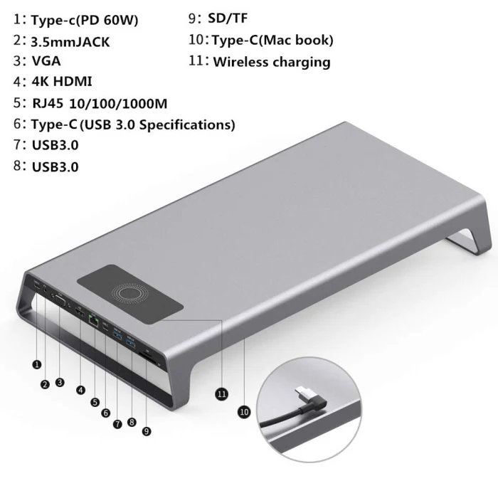 Алюминиевая Подставка для монитора док-станция с USB C концентратор Поддержка 4K HDMI VGA TF карта Беспроводная зарядка X-Best