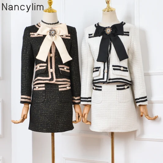 

Small Fragrance Suit Skirt Set Women Twopiece Suits Temperament Bow Tweed Jacket + Hip Skirt Ladies 2 Piece Sets Vestido Femme