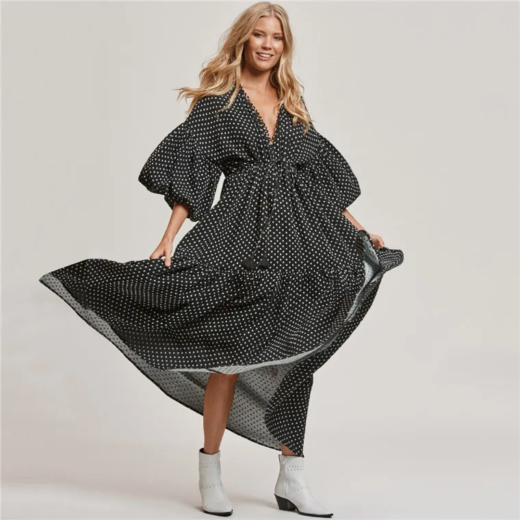 Женское богемное длинное пляжное платье праздничное модное бикини в горошек