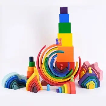 

Kids Wooden Rainbow Building Blocks Volcano Hand-Eye Puzzle Educational Toy Gift M89C