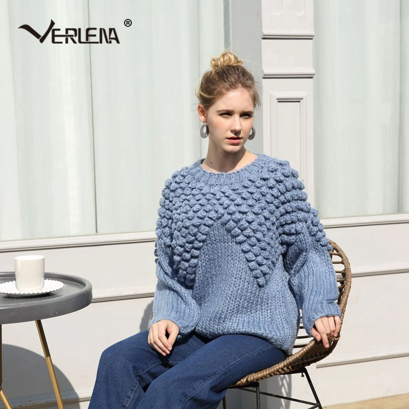 Verlena Loose Thick Autumn Winter Mahair Jumper Solid Blue Bobble Chunky Knitted Sweater Women Long Sleeve O-Neck Pullover
