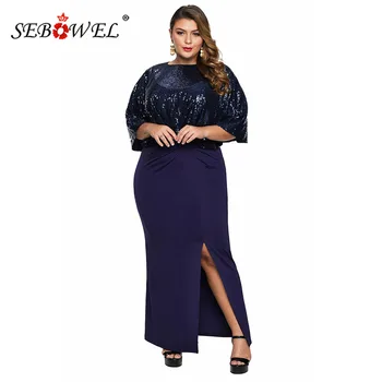 

SEBOWEL Plus Size Woman Maxi Long Dress+Sequins Cape 2pcs Cocktail Party Elegant Female High Slit Big Size Formal Dresses XL-5XL