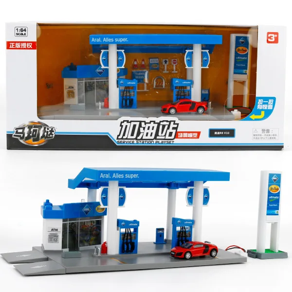 24444-7 with box 1: 64 моделирование детские игрушки со звуком и светильник АЗС дорожный знак сцена украшения Модель Набор с автомобилем нефтяной танкер подарки - Цвет: 24444-7 with box