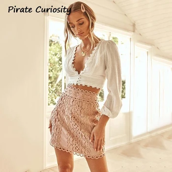 

Pirate Floral Lace Women Blouse Shirt Summer 2020 Deep V Neck Single Breasted Lantern Sleeve Crop Top Sexy Women Top For Summer