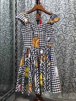 

2020 Spring and Summer New Women's Printing Pattern Color Matching Plaid Decoration a Swing Dress 629