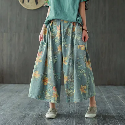 

Vintage Jeans Woman 2020 New Spring Summer Ethnic Style Elastic Waist Floral Print Pocket Loose Casual Denim Pants