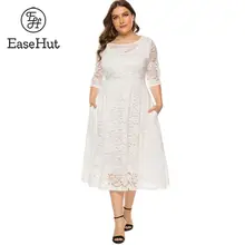 EaseHut, 5XL, 6XL, большой размер, платье для женщин, элегантное, цельное, с круглым вырезом, с коротким рукавом, тонкое, с вырезом, черное, белое, вязаное, кружевное платье
