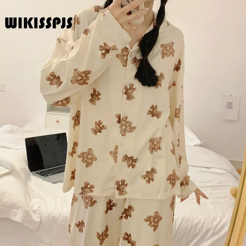 

WIKISSPJS Spring Autumn Pajamas Women's Long Sleeve Korean Version Sweet and Lovely Trousers Home Clothes Two Piece Suit Pjs