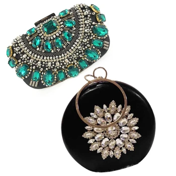 

2 Pcs Crystal Evening Wallet Metal Bracelet Silver Beaded Bridal Round Evening Clutch Luxury Chain Clutch Green & Black
