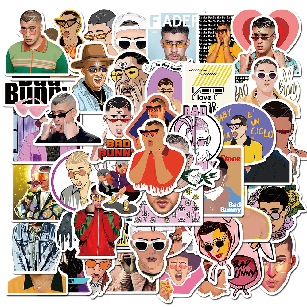 

50Pcs/Set Puerto Rican Singer Bad Bunny Stickers PVC for Stationery Decal Motorcycle Skateboard Laptop Guitar Bike Cool Sticker