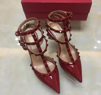 

2020 Brand Pointed Toe 3-Strap 6cm 8cm 10cm Rivet High Heels Patent Leather Rivets Sandals Women Shoes V Shoes Without Box
