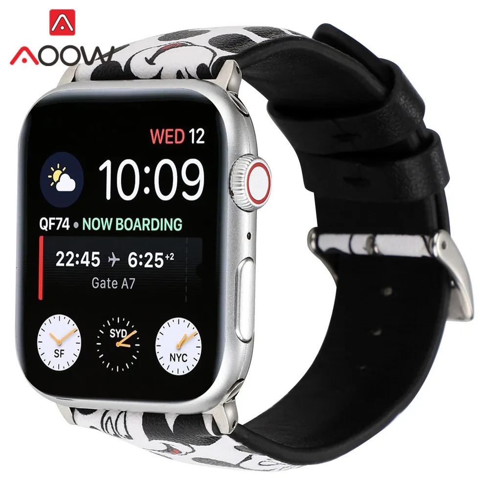 Мультфильм кожаный ремешок для наручных часов Apple Watch 38 мм, 42 мм, 40 мм 44 Микки рисунок «Hello Kitty», сменный ремешок для наручных часов, ремешок