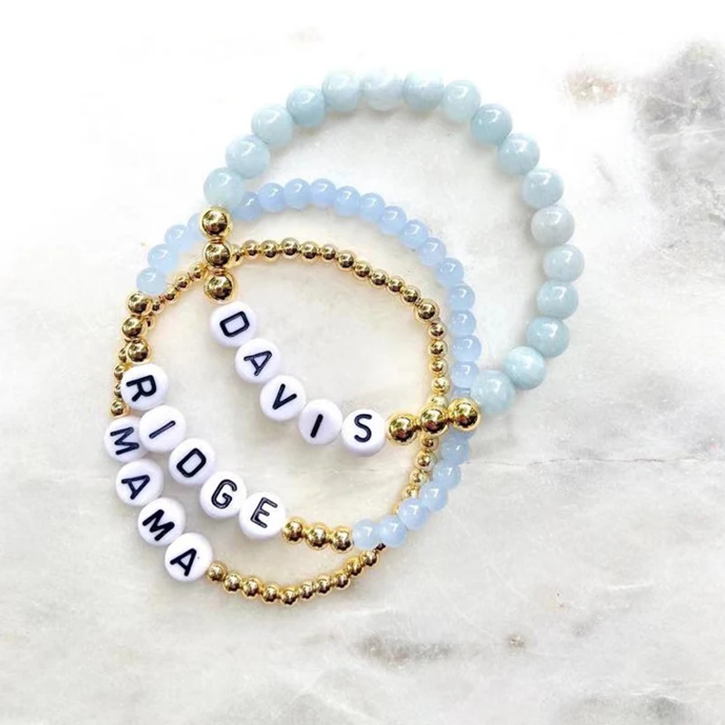 

Women Natural Stone Gold-Color Bead Bracelet Personalized Customized Name Gifts For Friends Fashion Elastic Парные Браслеты