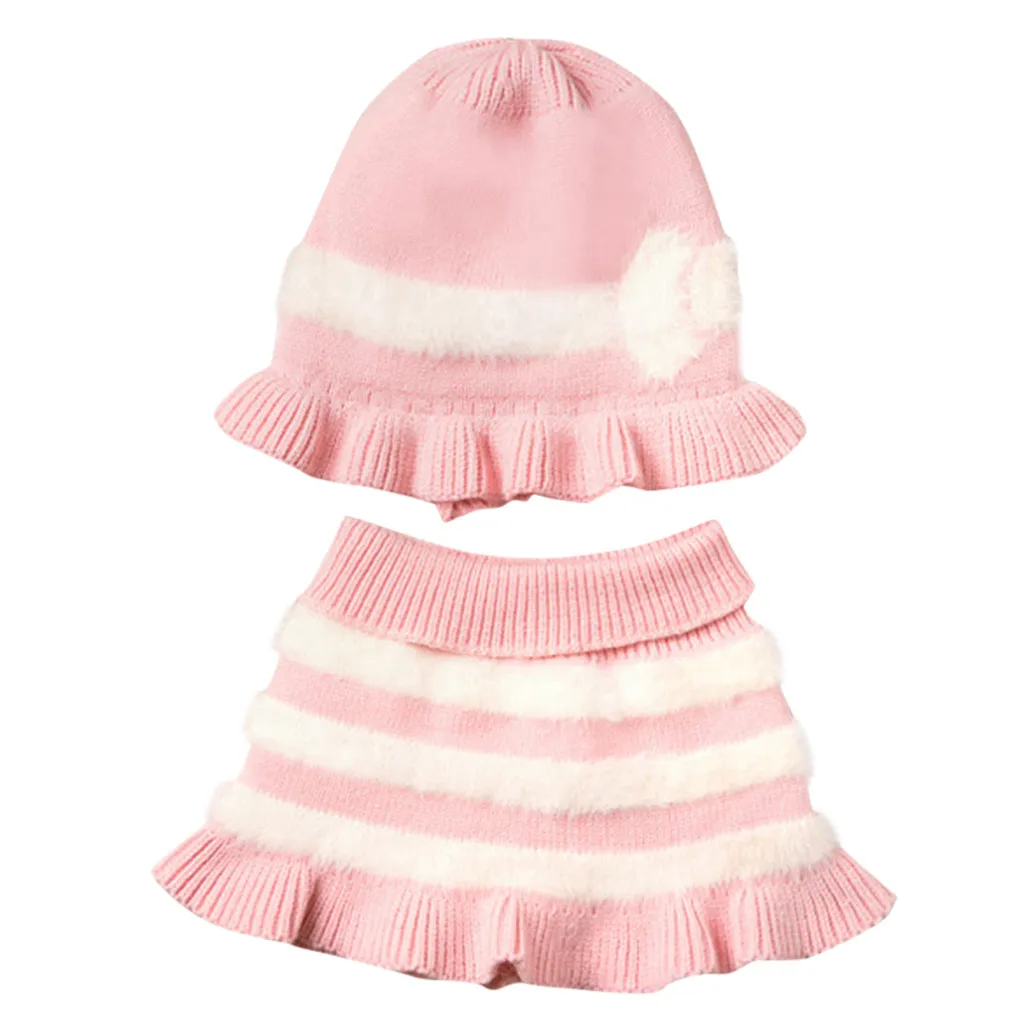 Pink Милые зимние теплые детские шапки, милые зимние короткие плюшевые вязаные детские мягкие шапки+ шаль, 2 предмета - Цвет: Pink