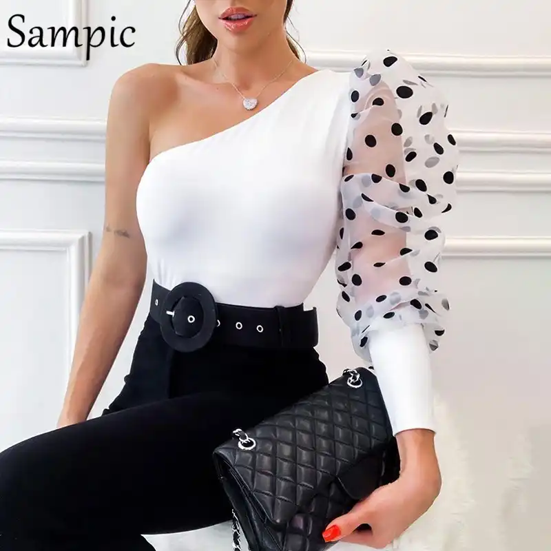 white polka dot puff sleeve top