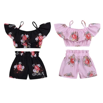 

Baby Girls Casual Sleeveless Strap Floral Print Summer Kids Girls Sets T-shirt Tops+Shorts Suits Costume 2Pcs Set Hot