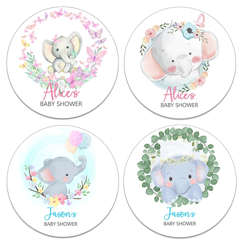 Natte sneeuw Vermindering Moet Baby Shower Round Stickers Elephant Personalized Customize Name Date Text  Personalized Favor Stickers Baby Shower Stickers - AliExpress