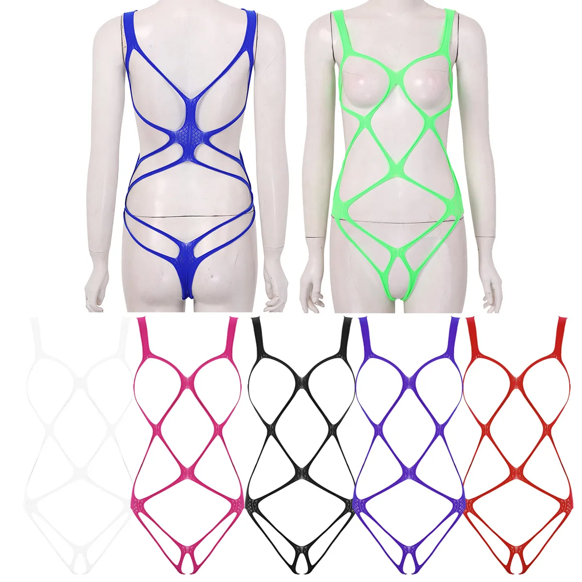 Sexy Lingerie Latex Bodysuit iEFiEL Women One-piece Hollow Fishnet Open Cups Crotchless Bodystockings See-through Stretchy Nightwear