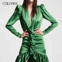 Цветное Европейское осеннее весеннее сексуальное зеленое платье с глубоким v-образным вырезом и длинным рукавом, подиумное дизайнерское плиссированное платье русалки для женщин