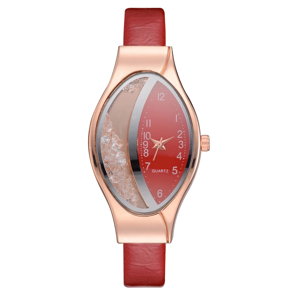 Women Fashion Luxury Watch Leather Strap Women Bracelet Clock Ellipse Rhinestone PU Sport Quartz Watch Wrist Watches For Women - Цвет: red