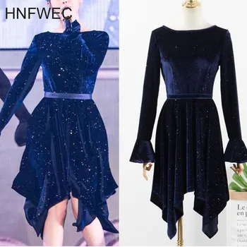 

High Waist Slim Rhinestone Irregular Hem Dress Female 2020 Spring New Fashion Temperament Long Sleeve Dress Y808