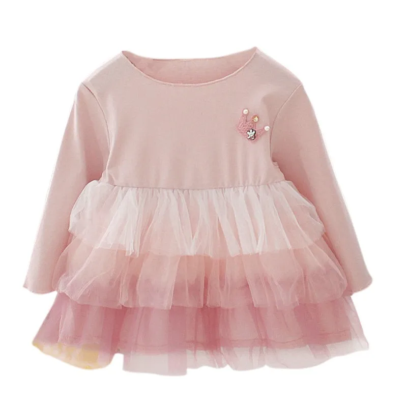 

Baby Girls Autumn Casual Dress Solid Color Long Sleeve Patchwork Mesh Dress Kids Tutu Dresses