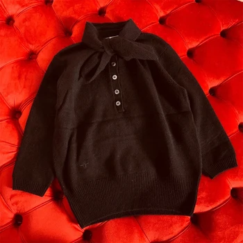 

Cosmicchic Runway Design 2019 Autumn Winter Women Wool Knitted Pullover Bee Embroidery Half Sleeve Scarf Collar Short 2 way Top