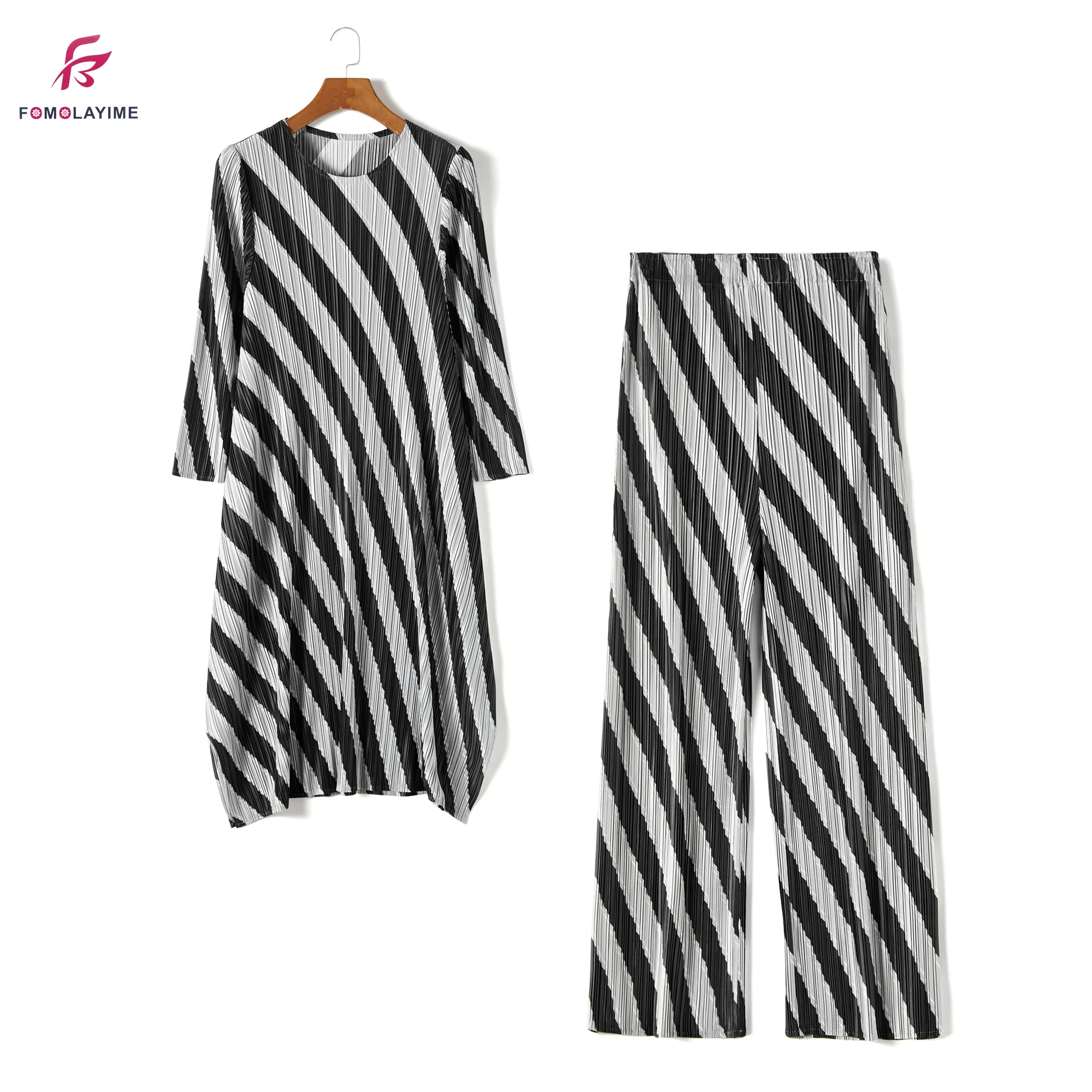

2020 Spring Woman New Fashion Sets Stripe Drape Medium Length Irregular Long Tops and Stripe Drape Pants