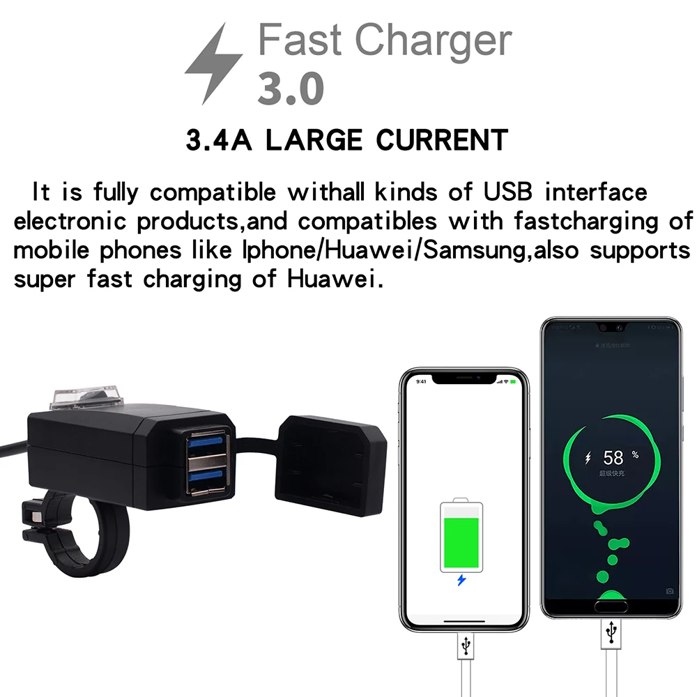 Универсальный QC3.0 USB зарядное устройство для мотоцикла Водонепроницаемый Dual USB быстрой смены 12V Питание адаптер для iphone huawei