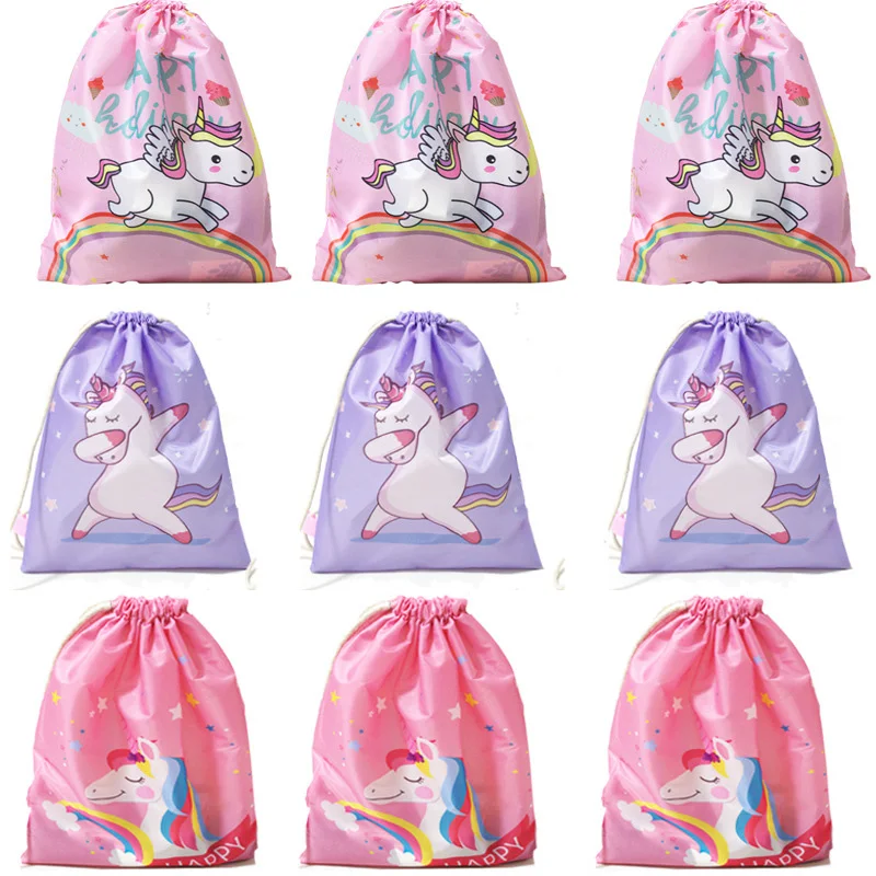 10 unids/pack unicornio cordón bolsillo cuerda tirando bailando caballo mochila chicas Lindo bolso de tela de poliéster al por mayor bolsas de regalo