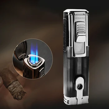 

HONSET Metal Cigar Lighter Tobacco Lighter 3 Torch Jet Flame Refillable With Punch Smoking Tool Accessories Portable Gift Box