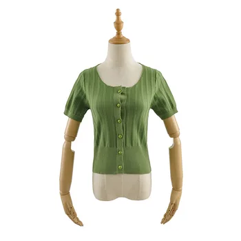 

Summer new street solid color short-sleeved knitted cardigan women thin section was thin elastic vertical striped cardigan women