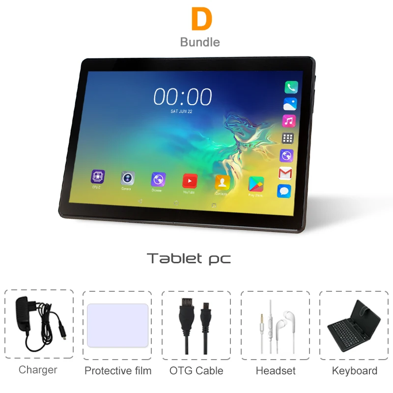 Планшеты ПК 10,1 дюймов Android 9,0 Google Play Octa Core 3g 4G Lte 128 ГБ gps сим-карта Wi-Fi ips 2.5D Закаленное стекло экран планшет - Комплект: Комплект 4