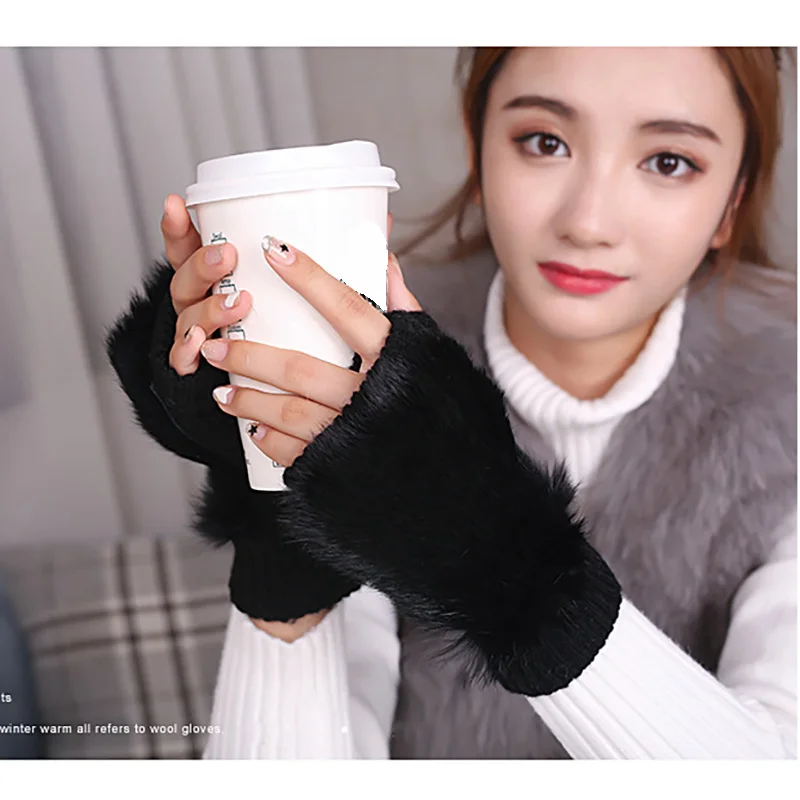 Женские перчатки с натуральным кроличьим мехом без пальцев, женские ...